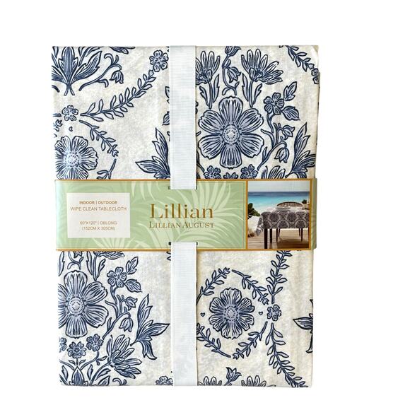 Lillian August Floral Easy Care Indoor Outdoor Tablecloth 60x120 Blue White NEW - Picture 1 of 15
